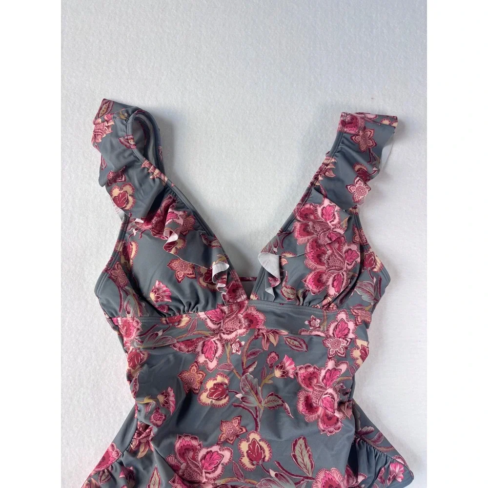 Floral‎ Ruffle V-Neck One Piece Swimsuit Gray Pink Lace Up Back Size Medium NWOT